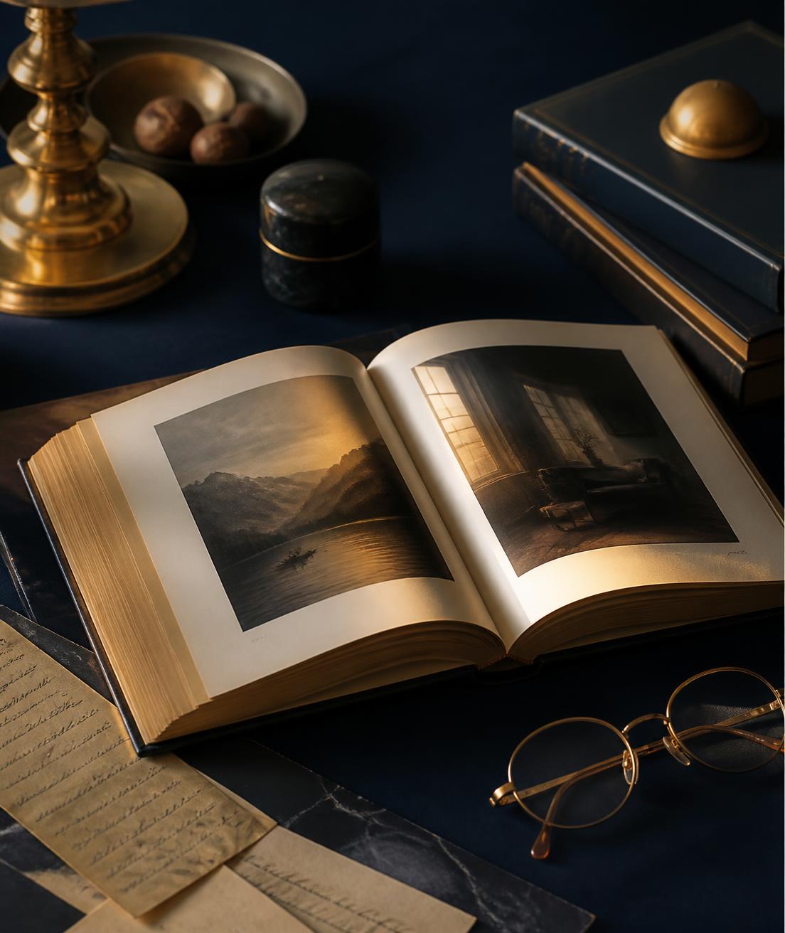An open book, manuscript pages and reading glasses on a deep navy desk