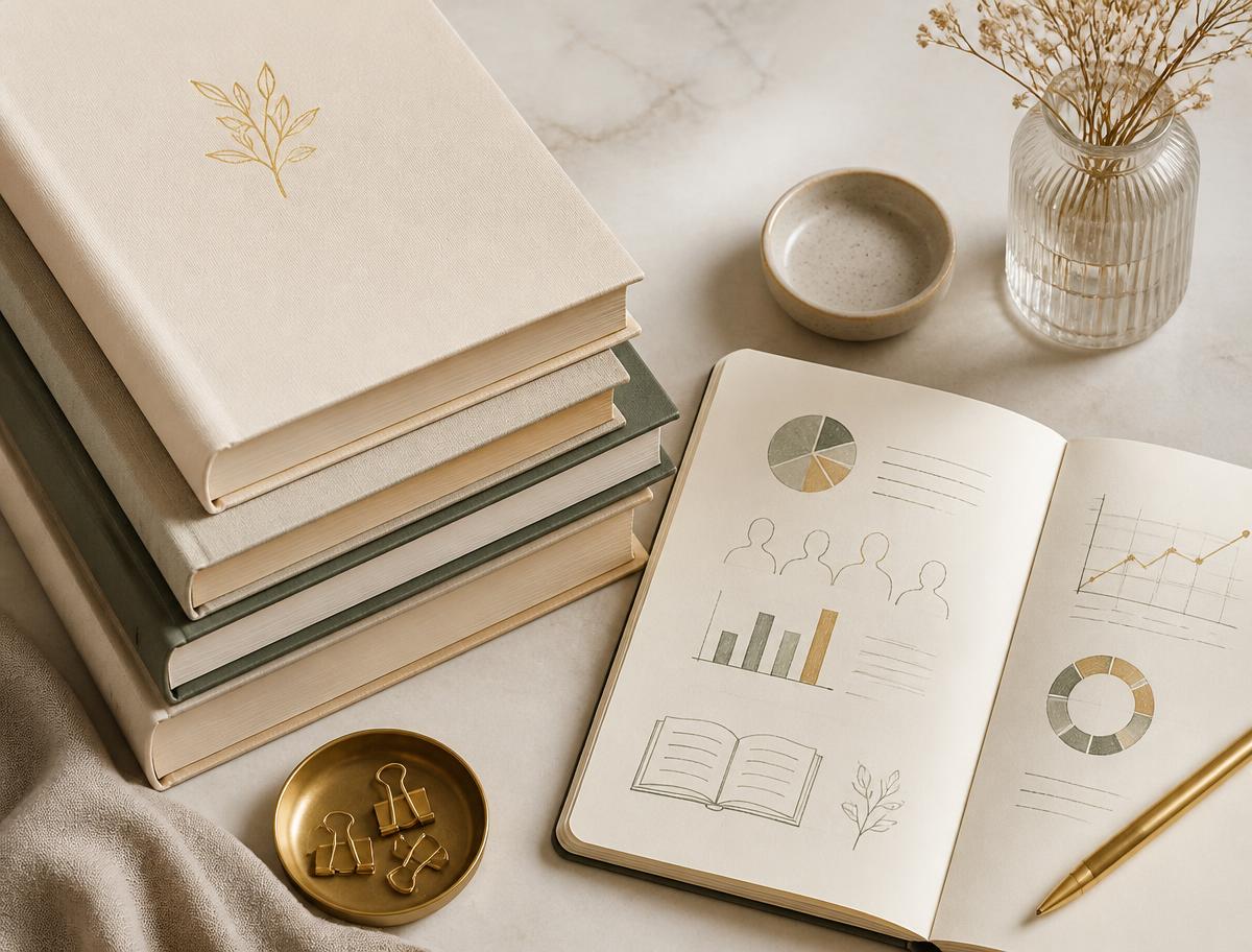 Books beside a notebook of reader research charts and notes